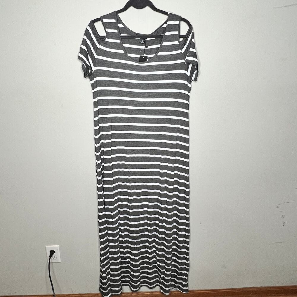NWT 5th & Love Charcoal / Ivory Stripe Scoop Neck Cold‎ Shoulder Maxi Dress XL